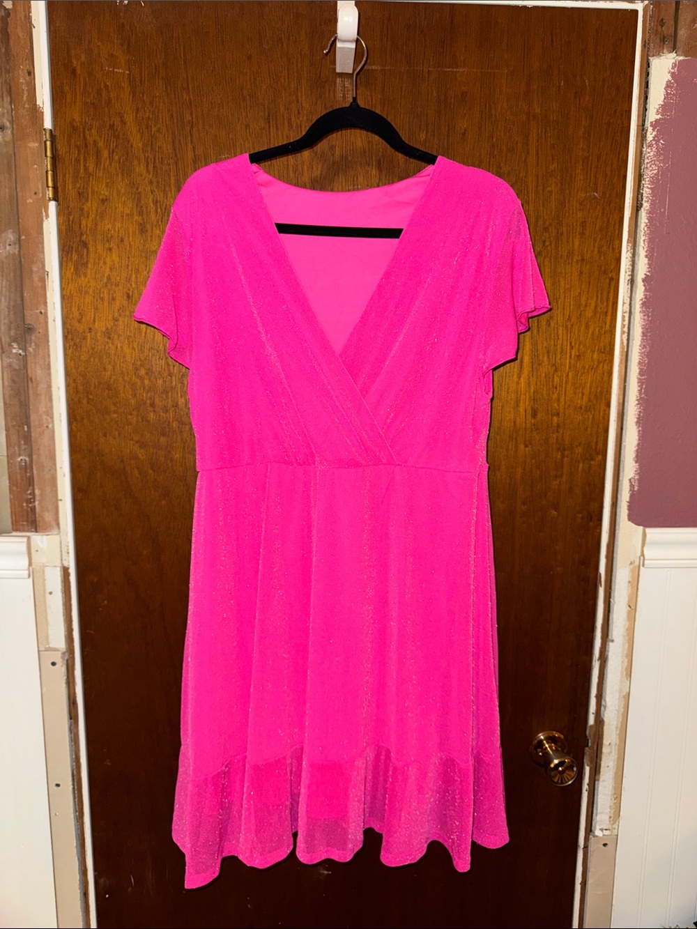 Women's Shimmer V-Neck Midi Dress in Bright Pink